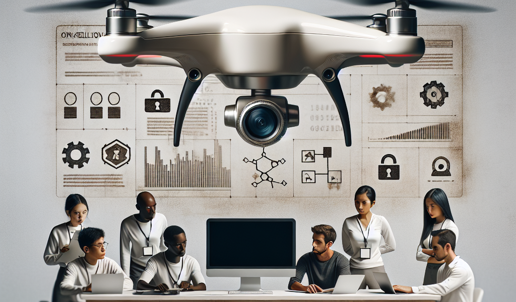 "Drone camera capturing aerial footage as part of a security vulnerability testing process, highlighting ethical approaches to evaluating drone technology in modern surveillance."