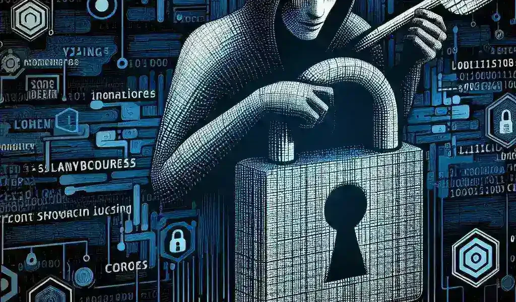 "Visual representation of a hacker manipulating software code, highlighting techniques used to bypass software licensing restrictions in cybersecurity."