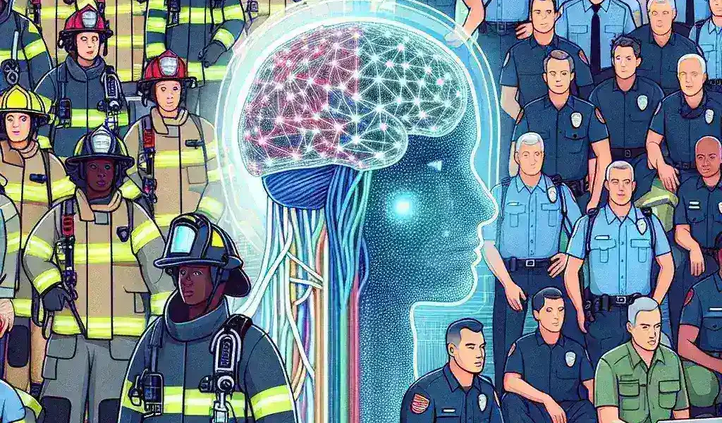 "First responders utilizing advanced AI technology during an emergency response training exercise, highlighting the impact of artificial intelligence on public safety and crisis management."