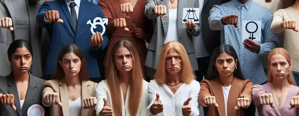 "Illustration of a protest sign reading 'End Transphobia Now' in front of a Meta office, symbolizing criticism of Meta's content moderation policies related to trans issues."