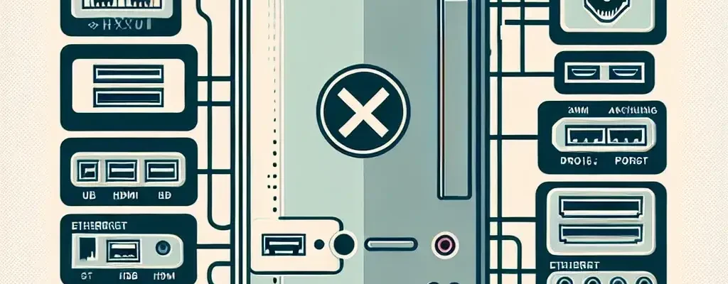 "Illustration depicting steps to disable unused hardware ports on a computer, showcasing settings menu and port options for enhanced cybersecurity and performance."
