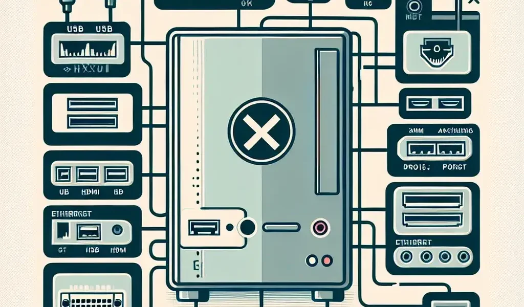 "Illustration depicting steps to disable unused hardware ports on a computer, showcasing settings menu and port options for enhanced cybersecurity and performance."