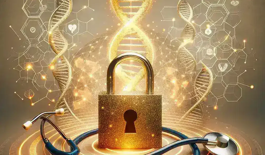 "Visual representation of homomorphic encryption technology applied to secure healthcare data, illustrating data privacy and secure computation in medical research."
