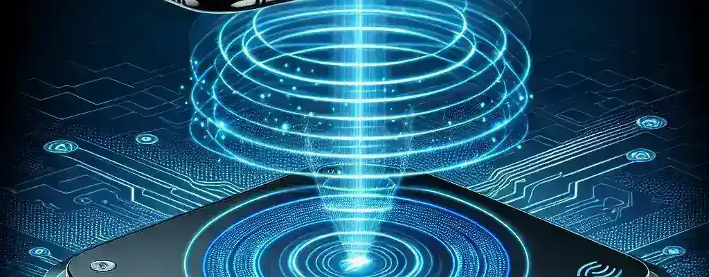"Xiaomi prototype wireless air charging pad showcased during announcement event, illustrating innovative charging technology with sleek design and multiple devices charging simultaneously."