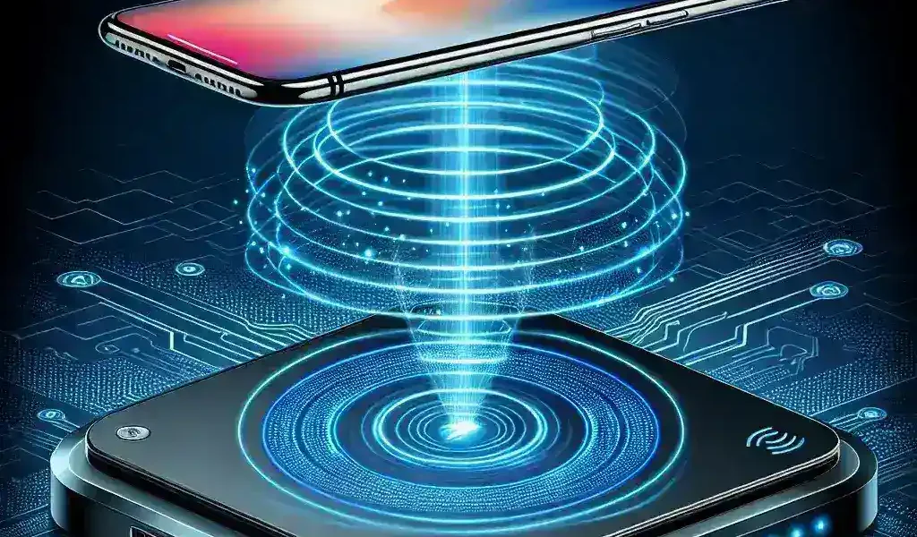 "Xiaomi prototype wireless air charging pad showcased during announcement event, illustrating innovative charging technology with sleek design and multiple devices charging simultaneously."