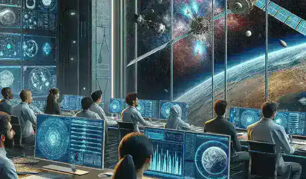"NASA and SpaceX engineers collaborating on autonomous AI technology for satellite collision avoidance testing, showcasing innovative space exploration solutions."