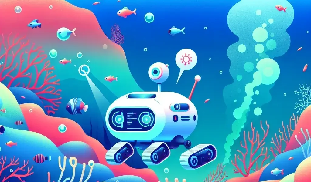 "AI-powered underwater robot investigating methane seeps in the ocean, contributing to climate studies on marine ecosystems and greenhouse gas emissions."