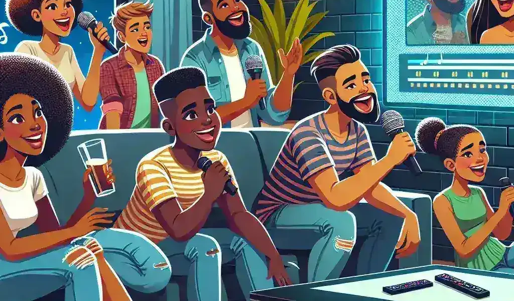 "User enjoying Spotify's new AI-powered karaoke feature on a smartphone, showcasing vibrant visuals and interactive interface in an engaging home setting."