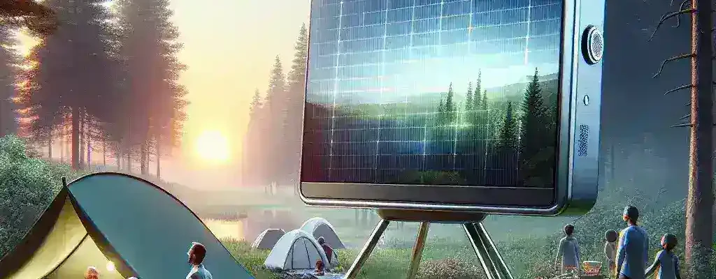 "Samsung solar-powered portable TV designed for camping and outdoor use, showcasing sleek design and eco-friendly features, ideal for outdoor entertainment."
