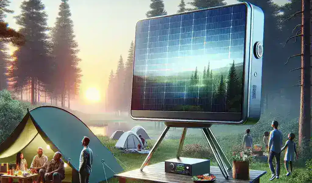 "Samsung solar-powered portable TV designed for camping and outdoor use, showcasing sleek design and eco-friendly features, ideal for outdoor entertainment."