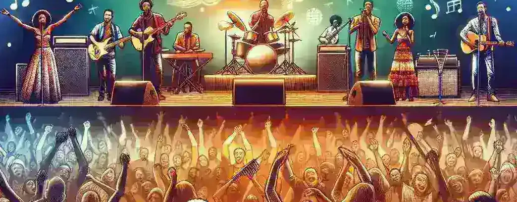 "Spotify partners with mid-size venues for concert ticketing, showcasing a vibrant live music event with an enthusiastic crowd enjoying a performance."
