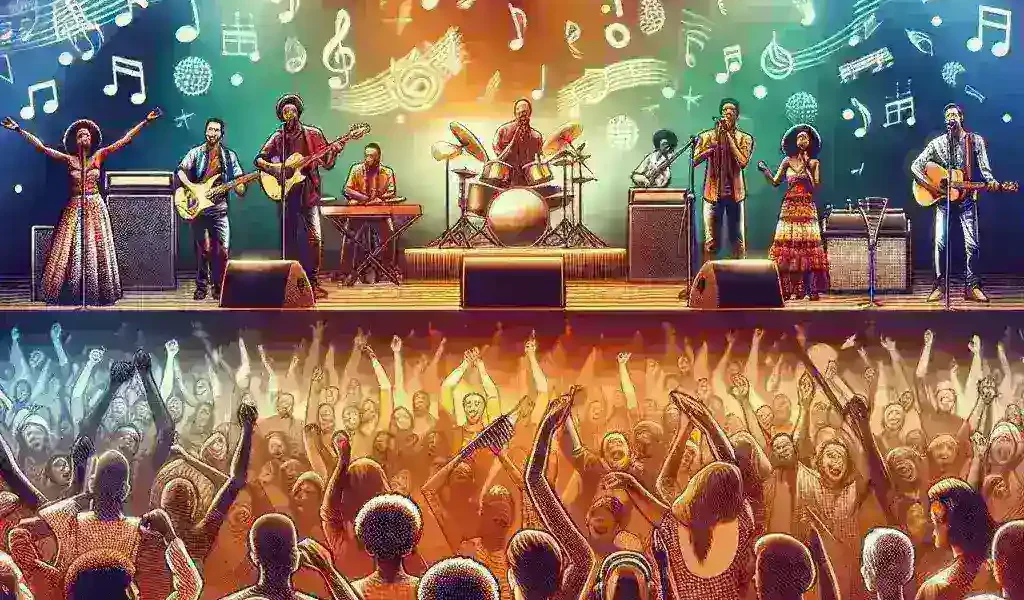 "Spotify partners with mid-size venues for concert ticketing, showcasing a vibrant live music event with an enthusiastic crowd enjoying a performance."