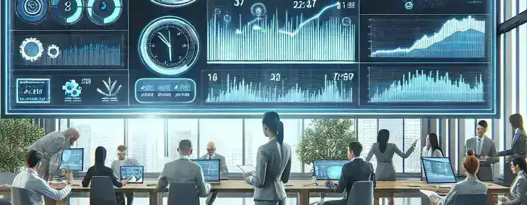 "Team collaborating using SaaS time-tracking tools on laptops, illustrating productivity and operational efficiency in a modern workspace"